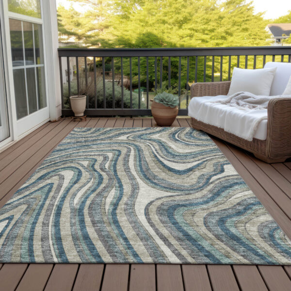 8' X 10' Teal Blue Gray And Taupe Abstract Washable Indoor Outdoor Area Rug