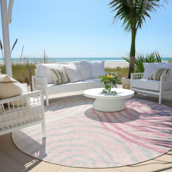 8' Pink Ivory And Gray Round Abstract Washable Indoor Outdoor Area Rug