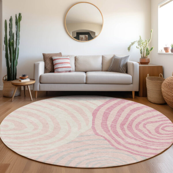 8' Pink Ivory And Gray Round Abstract Washable Indoor Outdoor Area Rug