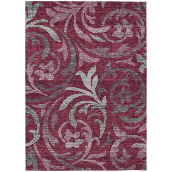 8' X 10' Red Gray And Silver Floral Washable Indoor Outdoor Area Rug