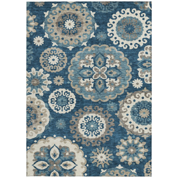 10' X 14' Navy Blue And Taupe Floral Medallion Washable Indoor Outdoor Area Rug