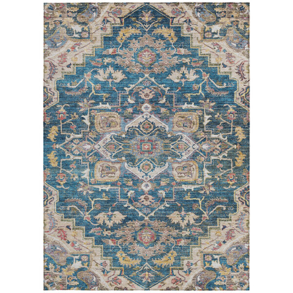 3' X 5' Blue Beige And Gold Oriental Washable Indoor Outdoor Area Rug