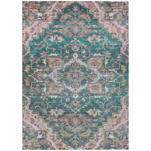9' X 12' Emerald Teal Blue And Beige Oriental Washable Indoor Outdoor Area Rug