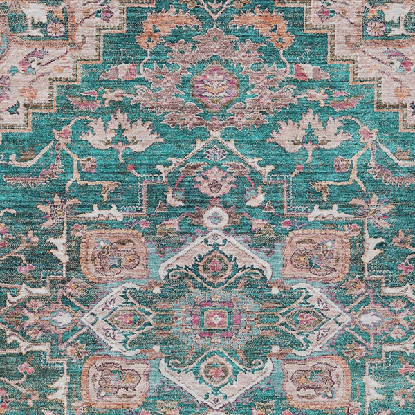 9' X 12' Emerald Teal Blue And Beige Oriental Washable Indoor Outdoor Area Rug