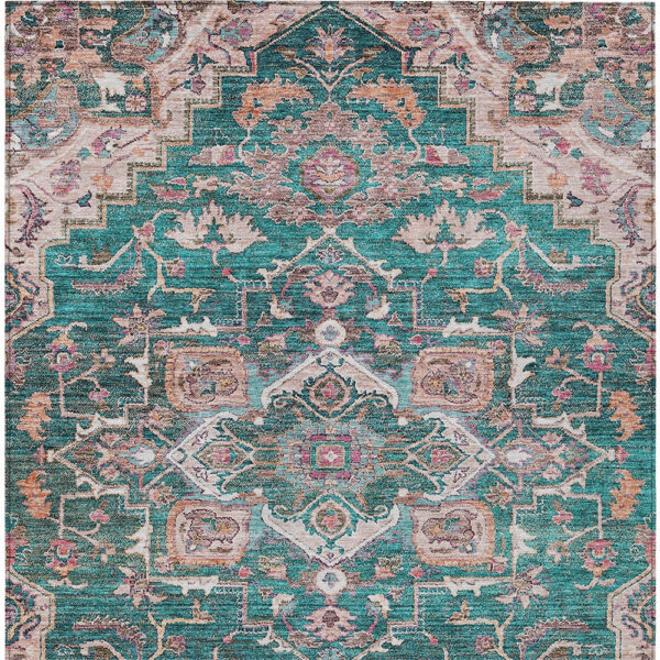9' X 12' Emerald Teal Blue And Beige Oriental Washable Indoor Outdoor Area Rug