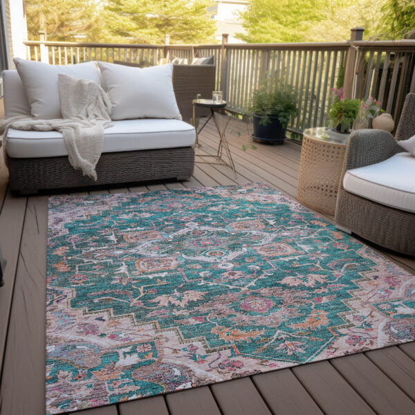 9' X 12' Emerald Teal Blue And Beige Oriental Washable Indoor Outdoor Area Rug