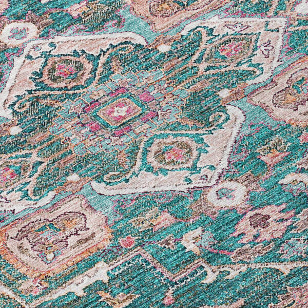 9' X 12' Emerald Teal Blue And Beige Oriental Washable Indoor Outdoor Area Rug