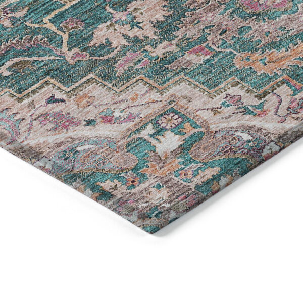 9' X 12' Emerald Teal Blue And Beige Oriental Washable Indoor Outdoor Area Rug