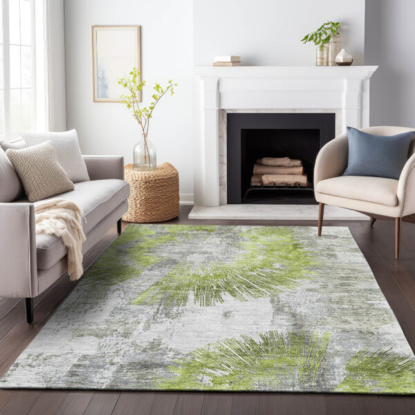 9' X 12' Artichoke Green Gray And Charcoal Abstract Washable Indoor Outdoor Area Rug