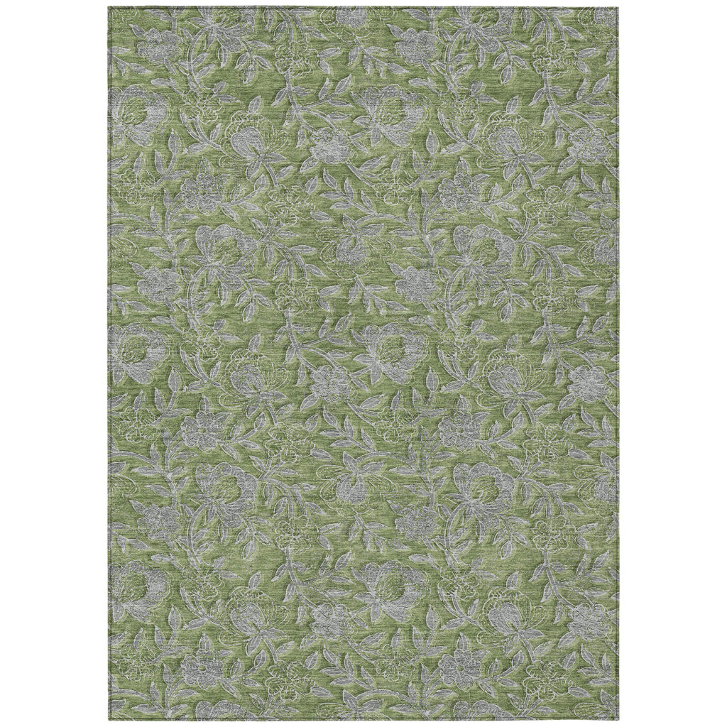 5' X 8' Olive Green And Gray Floral Washable Indoor Outdoor Area Rug