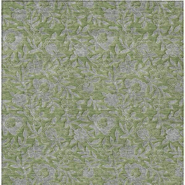 5' X 8' Olive Green And Gray Floral Washable Indoor Outdoor Area Rug
