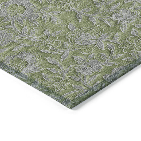 5' X 8' Olive Green And Gray Floral Washable Indoor Outdoor Area Rug