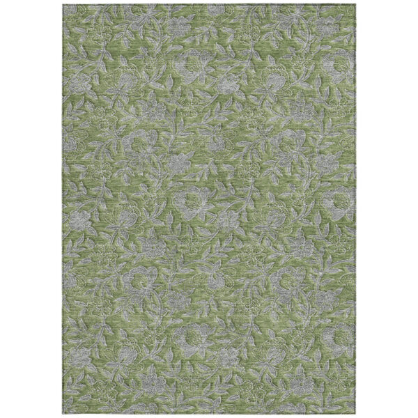 5' X 8' Olive Green And Gray Floral Washable Indoor Outdoor Area Rug