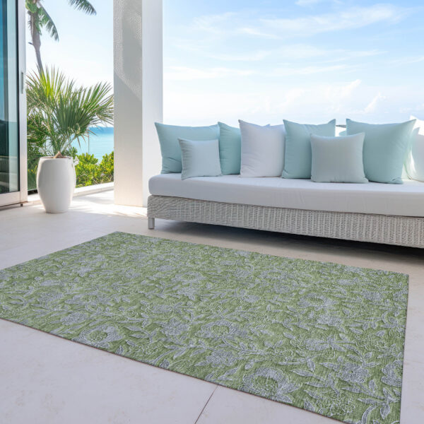 5' X 8' Olive Green And Gray Floral Washable Indoor Outdoor Area Rug