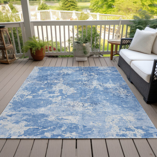8' X 10' Denim Blue And Sky Blue Floral Washable Indoor Outdoor Area Rug