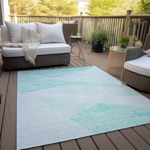 9' X 12' Aqua Sky Blue And Ivory Abstract Washable Indoor Outdoor Area Rug