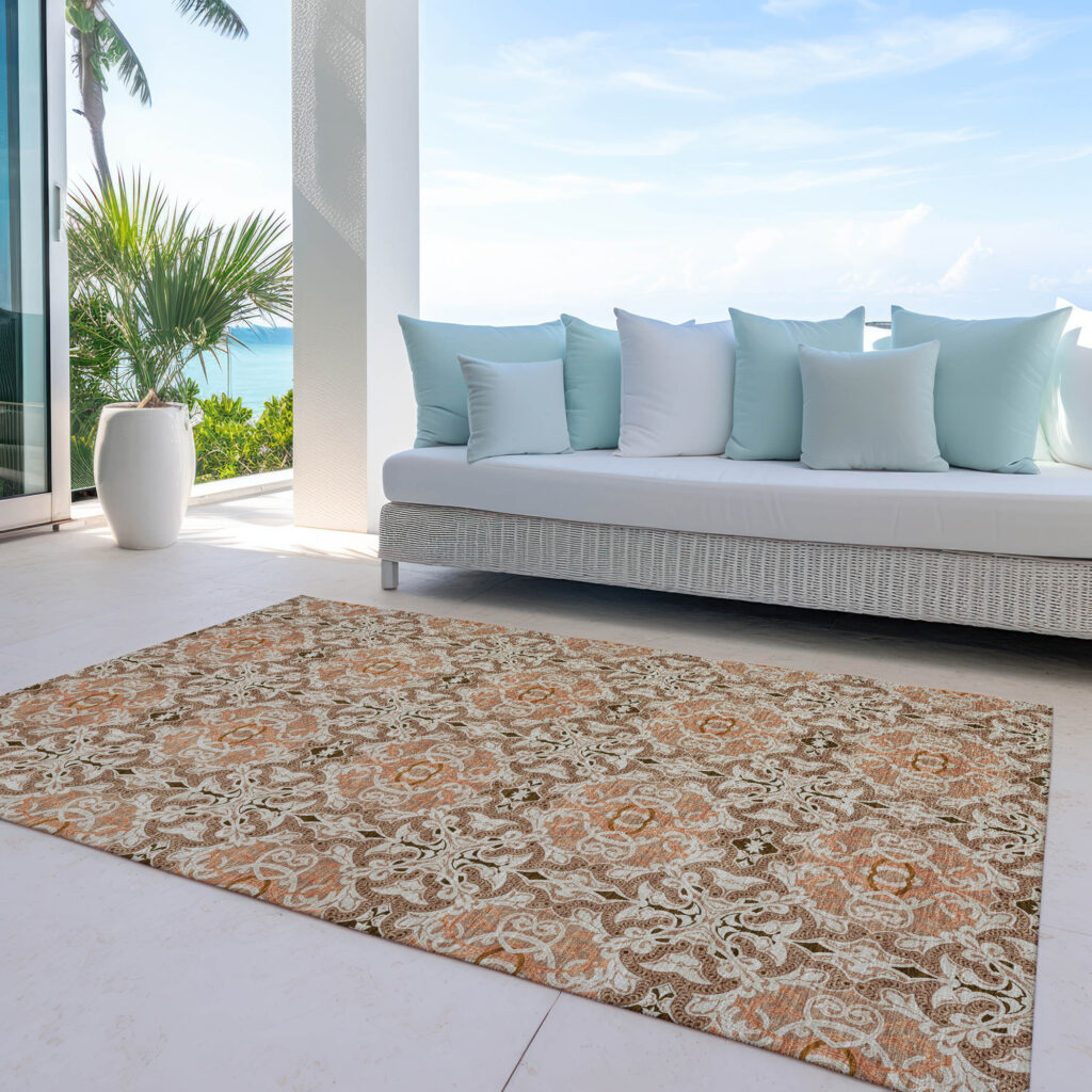 10' X 14' Terra Cotta Copper And Beige Medallion Washable Indoor Outdoor Area Rug