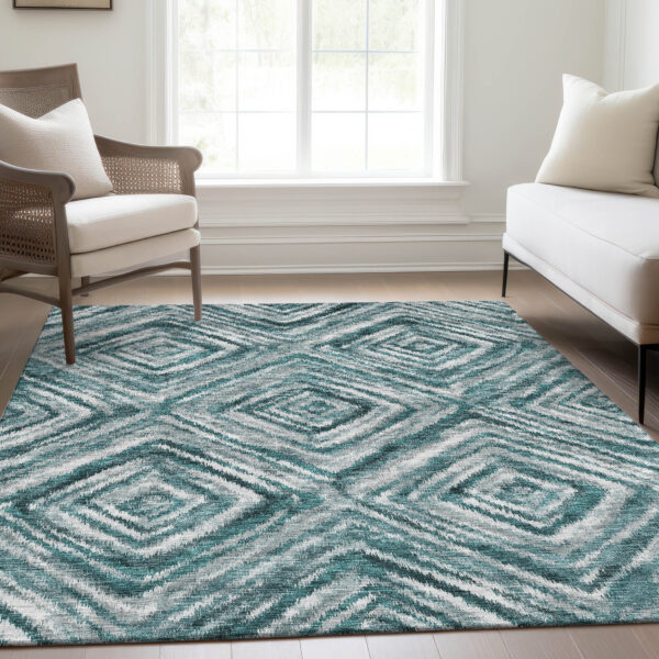 8' X 10' Teal Blue Aqua And Gray Geometric Washable Indoor Outdoor Area Rug