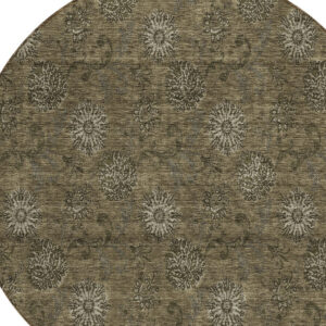 8' Brown And Beige Round Floral Washable Indoor Outdoor Area Rug