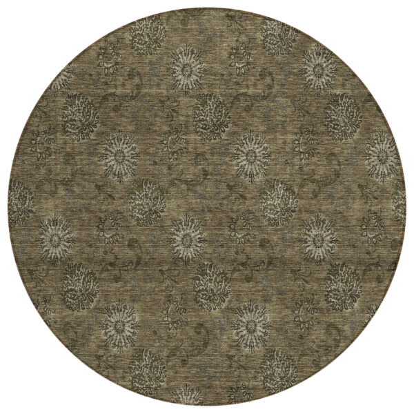 8' Brown And Beige Round Floral Washable Indoor Outdoor Area Rug