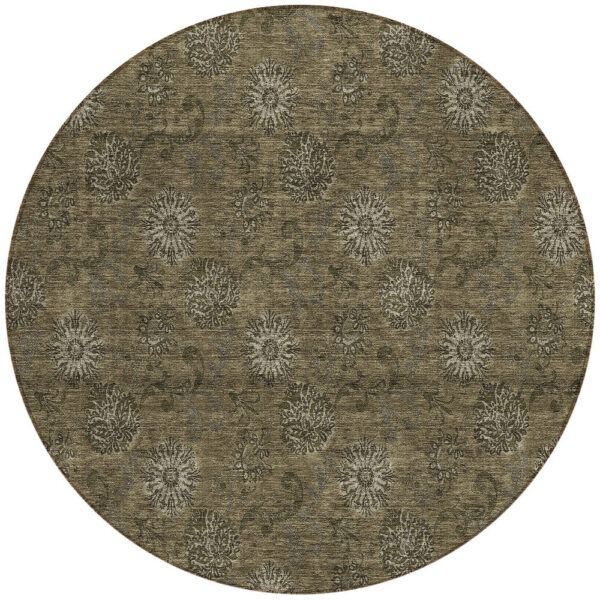 8' Brown And Beige Round Floral Washable Indoor Outdoor Area Rug
