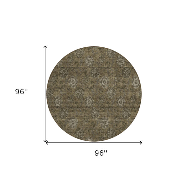 8' Brown And Beige Round Floral Washable Indoor Outdoor Area Rug