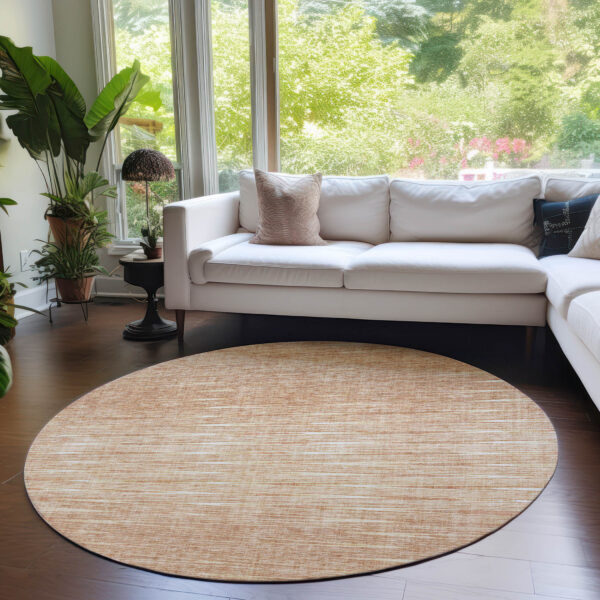 8' Salmon And Ivory Round Abstract Washable Indoor Outdoor Area Rug