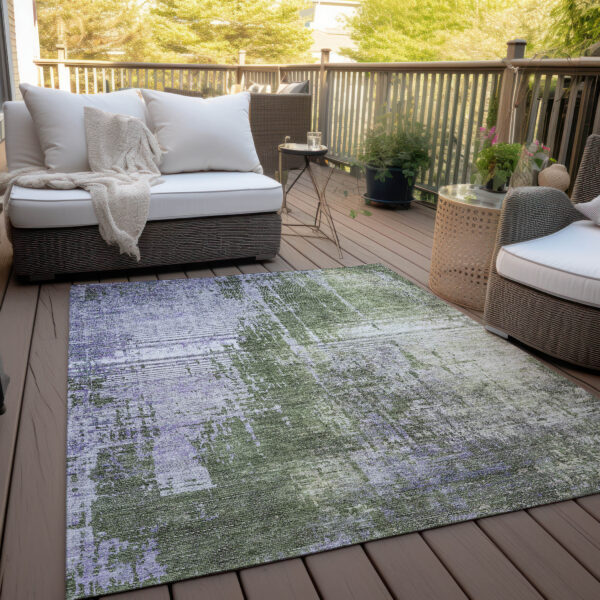 9' X 12' Olive Green And Purple Abstract Washable Indoor Outdoor Area Rug