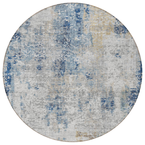 8' Denim Blue And Sky Blue Round Abstract Washable Indoor Outdoor Area Rug
