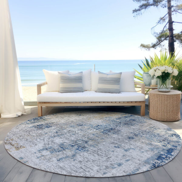 8' Denim Blue And Sky Blue Round Abstract Washable Indoor Outdoor Area Rug