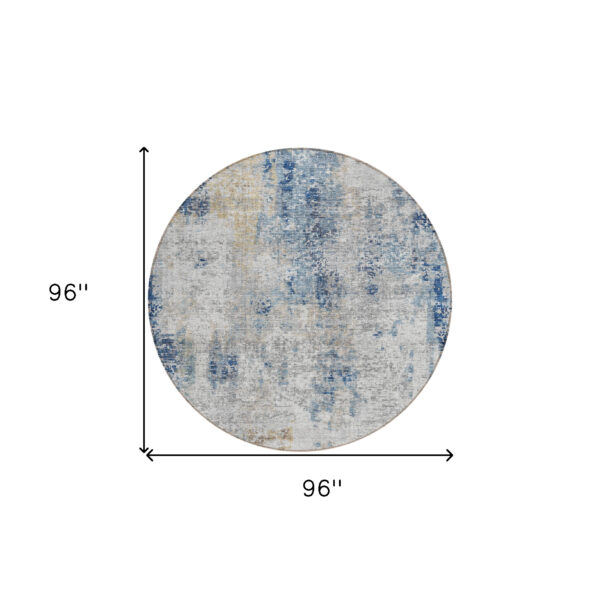 8' Denim Blue And Sky Blue Round Abstract Washable Indoor Outdoor Area Rug