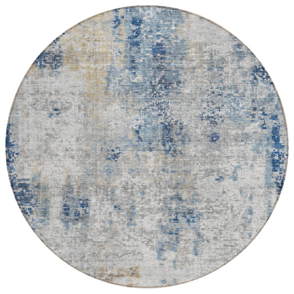 8' Denim Blue And Sky Blue Round Abstract Washable Indoor Outdoor Area Rug
