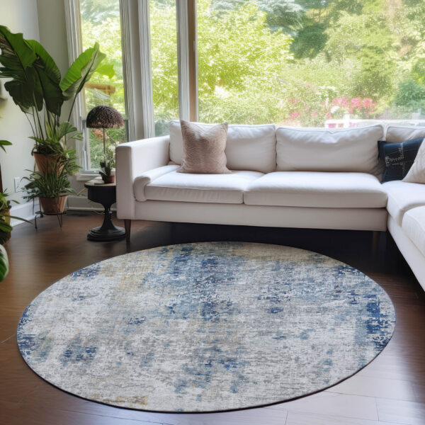 8' Denim Blue And Sky Blue Round Abstract Washable Indoor Outdoor Area Rug