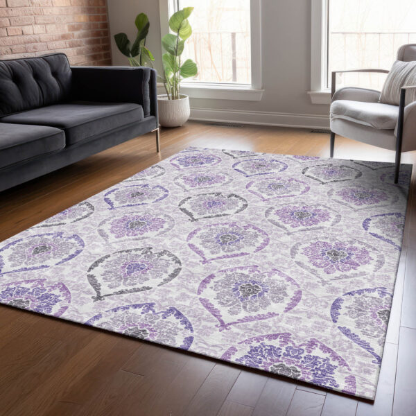 10' X 14' Purple Lavender And Gray Medallion Washable Indoor Outdoor Area Rug
