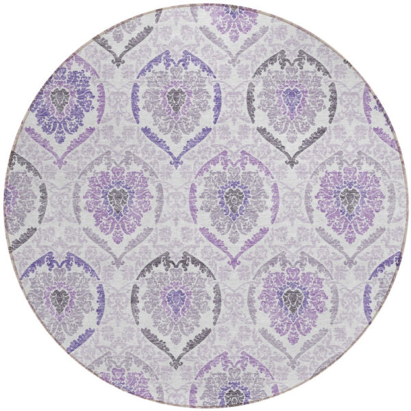 8' Purple Lavender And Gray Round Medallion Washable Indoor Outdoor Area Rug