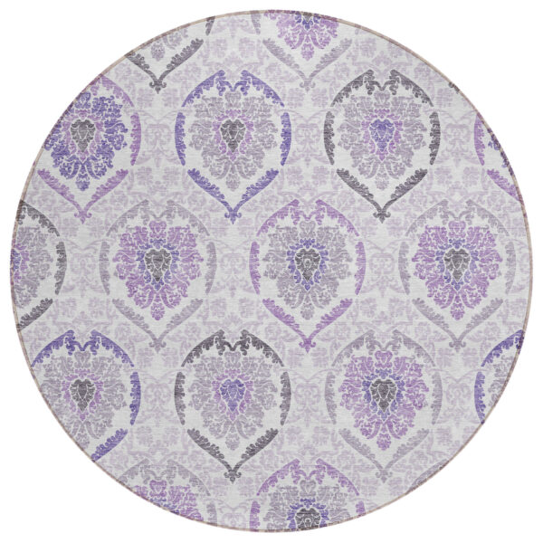 8' Purple Lavender And Gray Round Medallion Washable Indoor Outdoor Area Rug