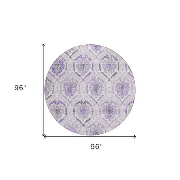 8' Purple Lavender And Gray Round Medallion Washable Indoor Outdoor Area Rug