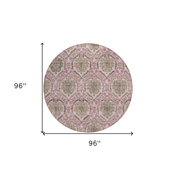 8' Chocolate Beige And Mauve Round Medallion Washable Indoor Outdoor Area Rug