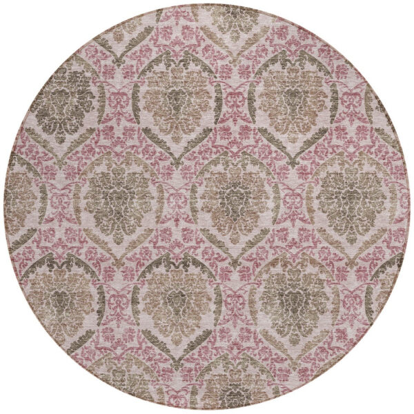 8' Chocolate Beige And Mauve Round Medallion Washable Indoor Outdoor Area Rug