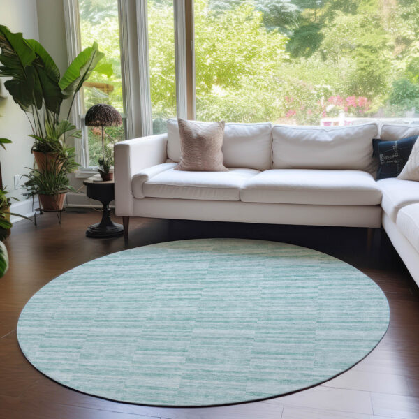 8' Turquoise Teal Blue And Gray Round Striped Washable Indoor Outdoor Area Rug