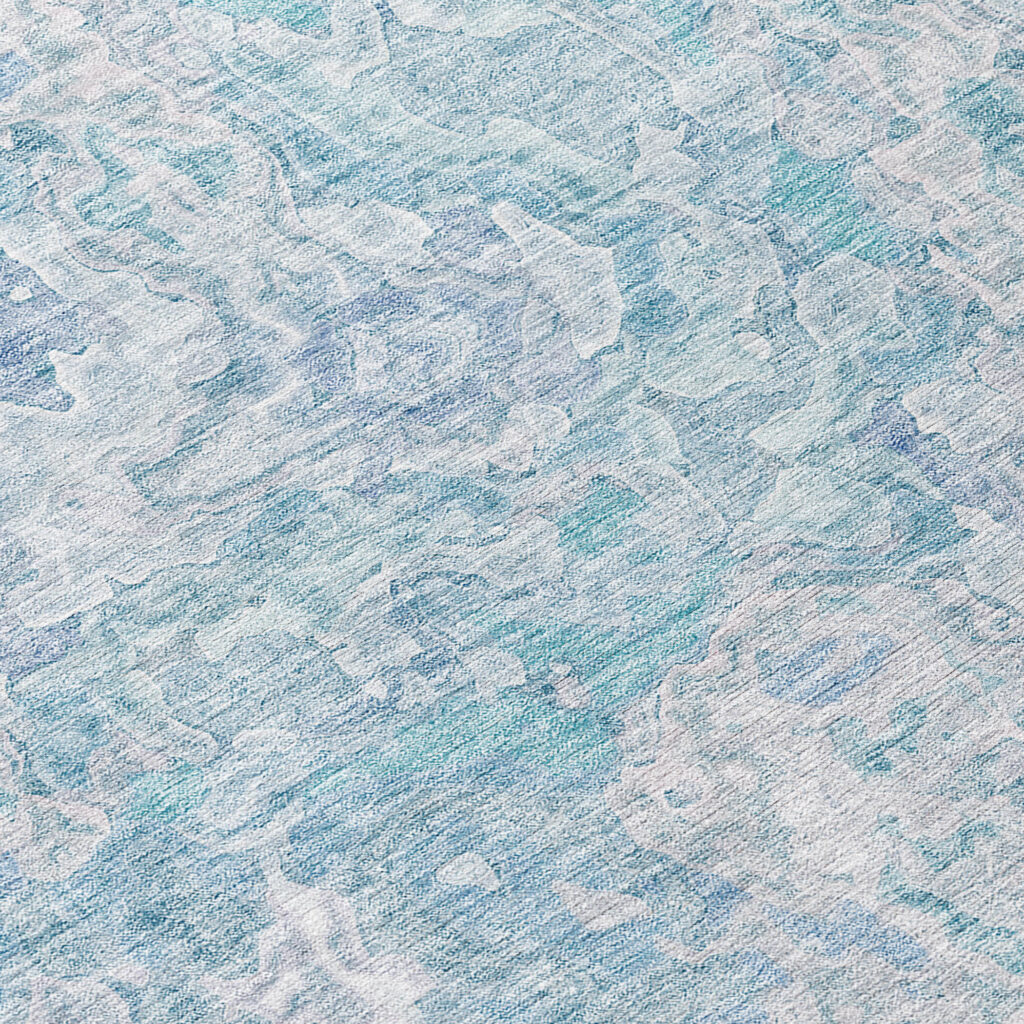 8' Sky Blue And Denim Blue Round Abstract Washable Indoor Outdoor Area Rug
