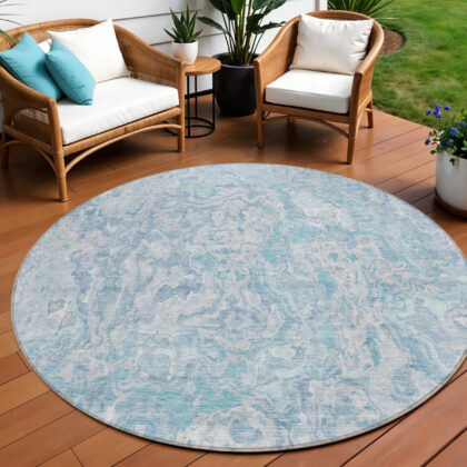 8' Sky Blue And Denim Blue Round Abstract Washable Indoor Outdoor Area Rug