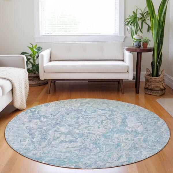 8' Sky Blue And Denim Blue Round Abstract Washable Indoor Outdoor Area Rug