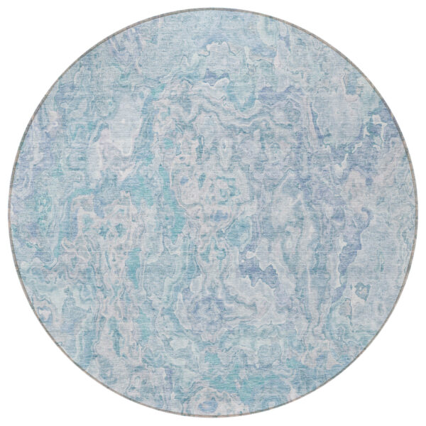 8' Sky Blue And Denim Blue Round Abstract Washable Indoor Outdoor Area Rug