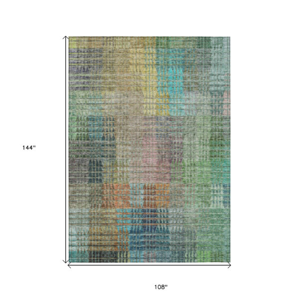 9' X 12' Green Gold And Teal Blue Abstract Washable Indoor Outdoor Area Rug
