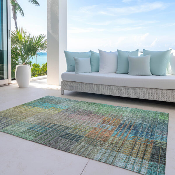 9' X 12' Green Gold And Teal Blue Abstract Washable Indoor Outdoor Area Rug