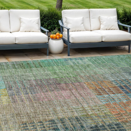 9' X 12' Green Gold And Teal Blue Abstract Washable Indoor Outdoor Area Rug