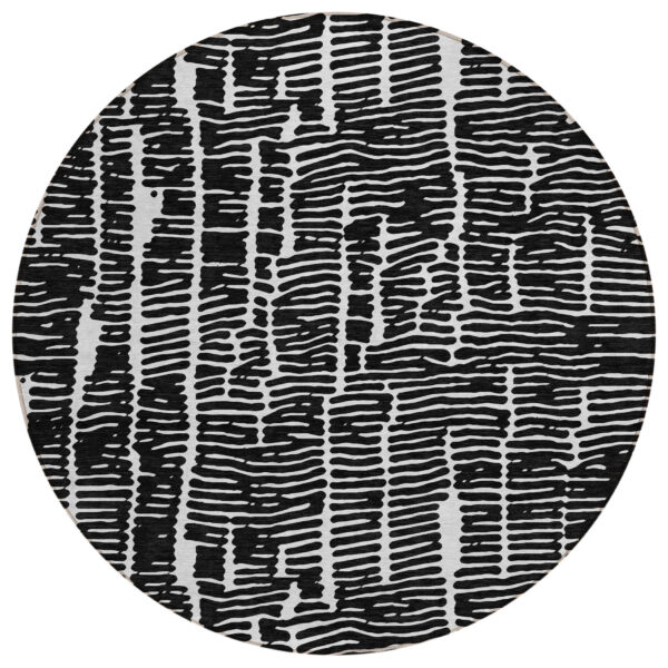 8' Black And Ivory Round Abstract Washable Indoor Outdoor Area Rug