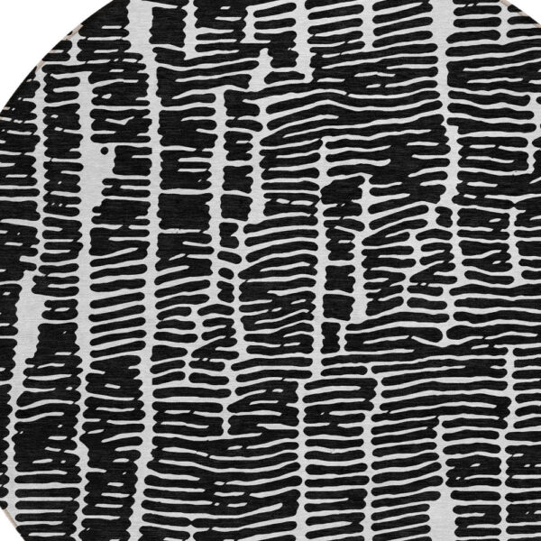 8' Black And Ivory Round Abstract Washable Indoor Outdoor Area Rug
