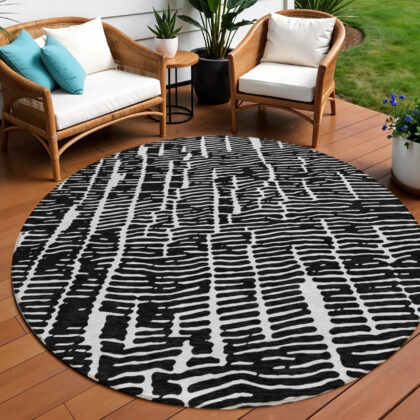 8' Black And Ivory Round Abstract Washable Indoor Outdoor Area Rug